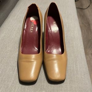 Tan heel shoes with square toe. Good condition